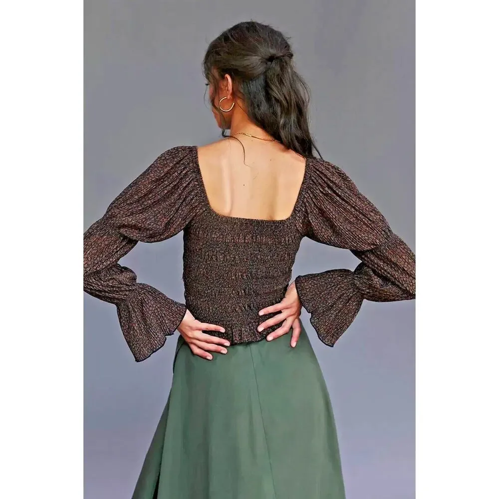 Anthropologie Bishop Smocked Metallic Shimmer Bell Sleeve Cropped Blouse Brown M